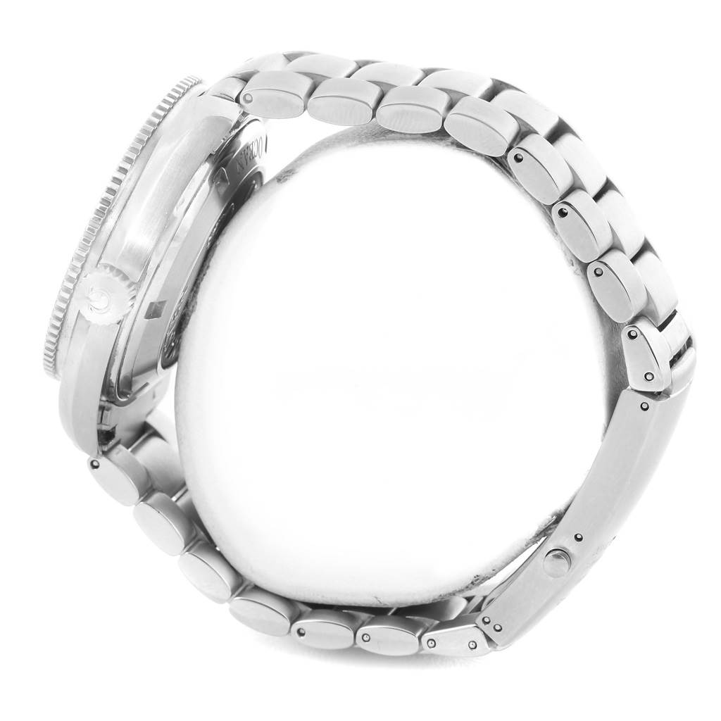 The image shows a side view of the Omega Planet Ocean 2209.50.00 Men
s Stainless Steel Black Dial 2209.50.00 Men
s Stainless Steel Black Dial watch focusing on its stainless steel case and bracelet.