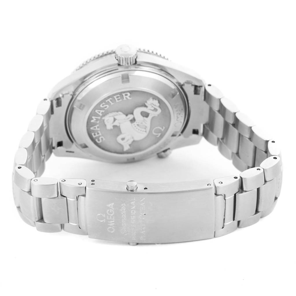 The image shows the back case and bracelet of an Omega Planet Ocean 2209.50.00 Men
s Stainless Steel Black Dial 2209.50.00 Men
s Stainless Steel Black Dial Seamaster watch, focusing on the clasp and case back details.