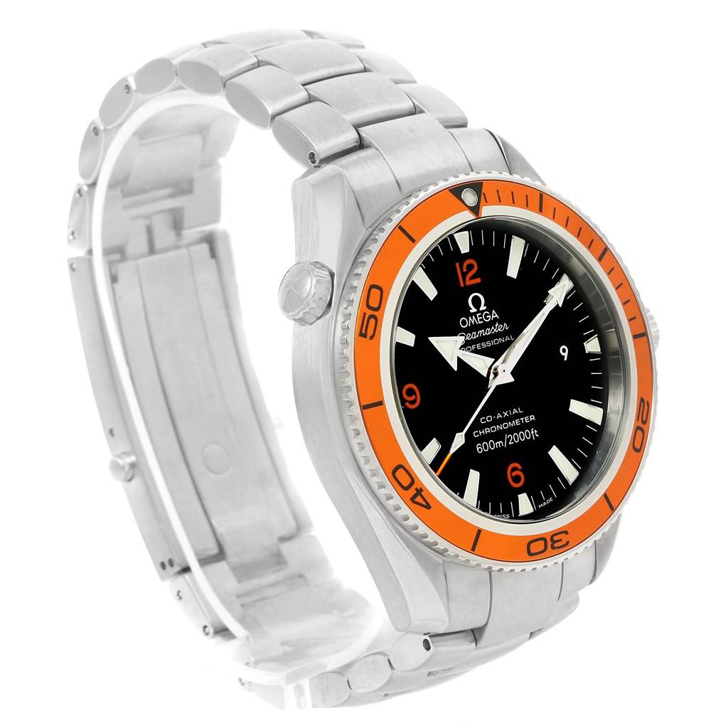 The Omega Planet Ocean 2209.50.00 Men
s Stainless Steel Black Dial 2209.50.00 Men
s Stainless Steel Black Dial watch is shown from an angled side view, highlighting its orange bezel, stainless steel bracelet, and face details.