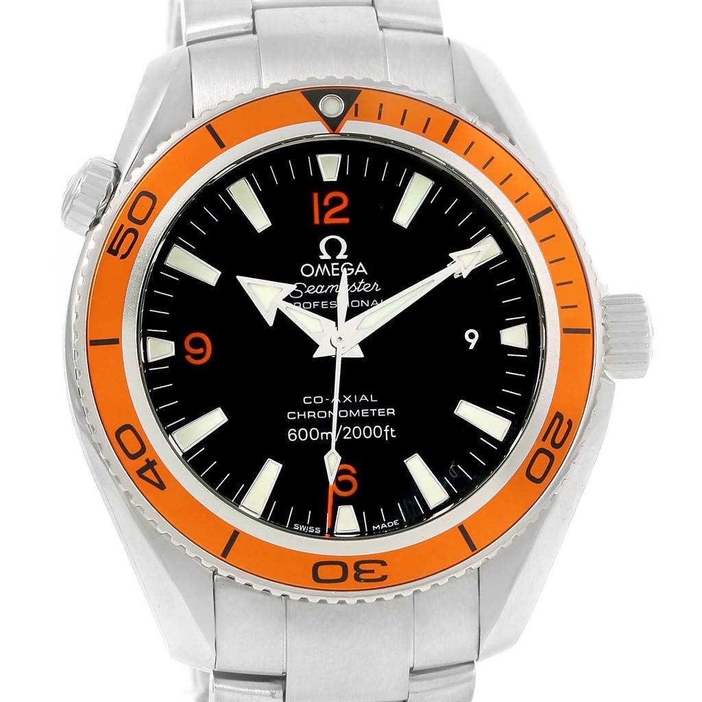 The Omega Planet Ocean 2209.50.00 Men
s Stainless Steel Black Dial 2209.50.00 Men
s Stainless Steel Black Dial watch is shown from a front angle, displaying the dial, bezel, and part of the bracelet.