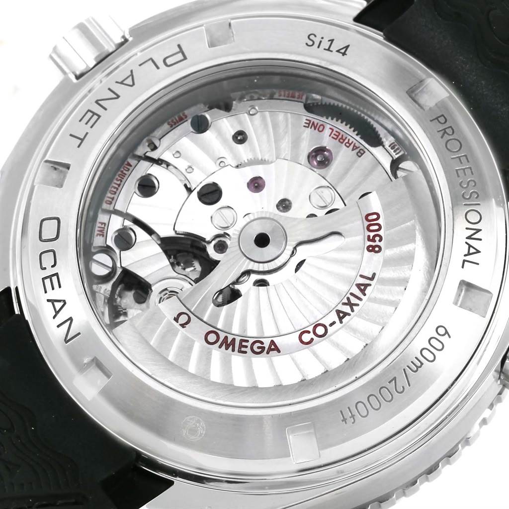 This image shows a close-up of the back of an Omega Planet Ocean 232.32.46.21.01.003 Men
s Stainless Steel Black Dial 232.32.46.21.01.003 Men
s Stainless Steel Black Dial watch, revealing its internal mechanical movement.