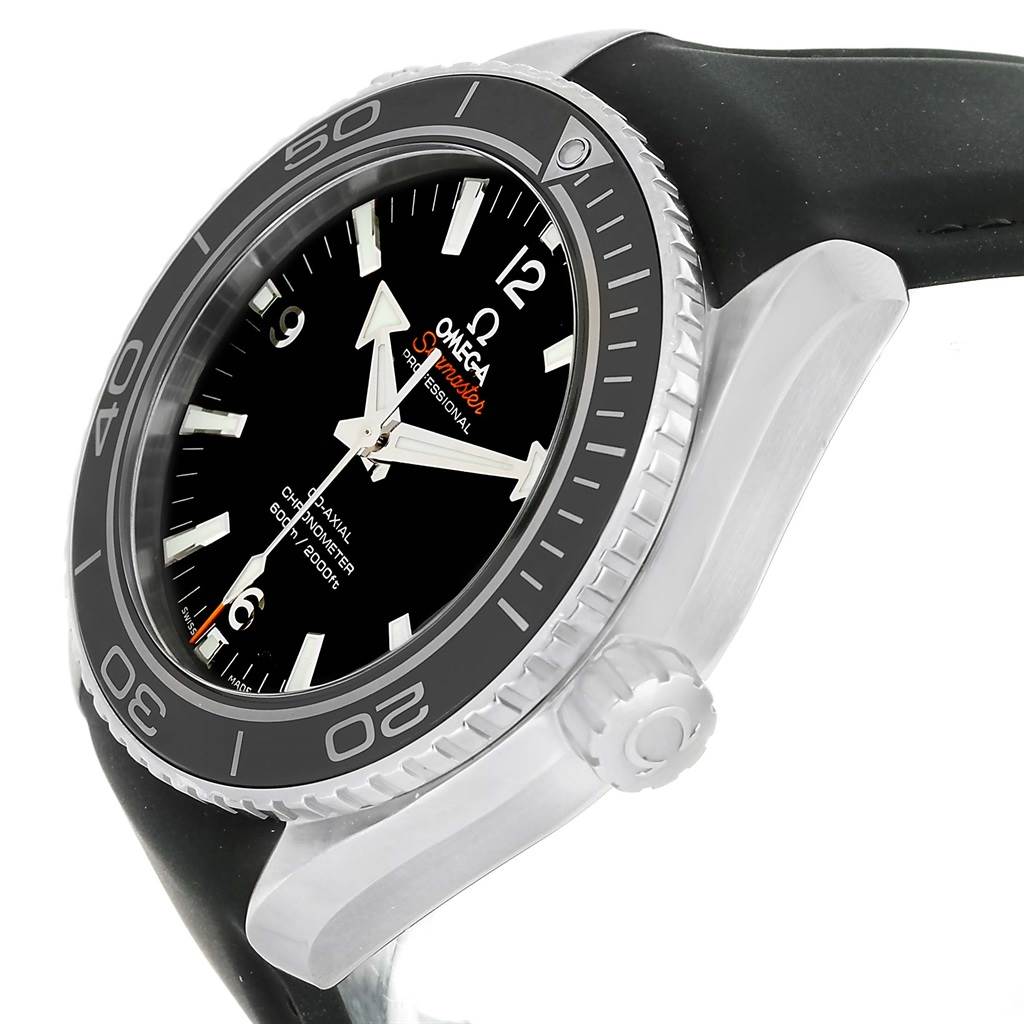 The Omega Planet Ocean 232.32.46.21.01.003 Men
s Stainless Steel Black Dial 232.32.46.21.01.003 Men
s Stainless Steel Black Dial watch is shown at an oblique angle highlighting its black dial, bezel, crown, and black strap.