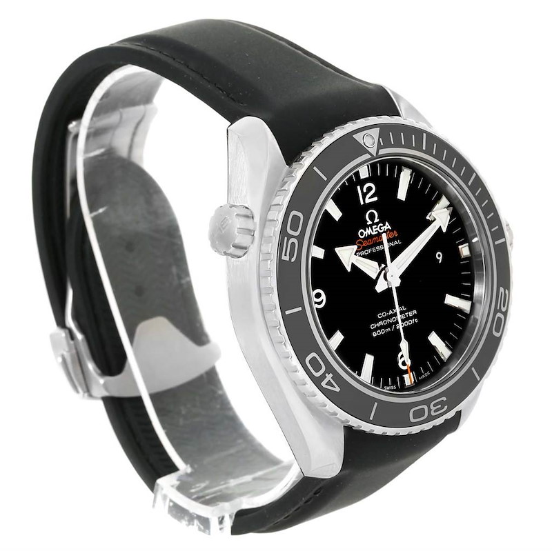 The image shows a side angle view of the Omega Planet Ocean watch, focusing on the face, bezel, crown, and strap.