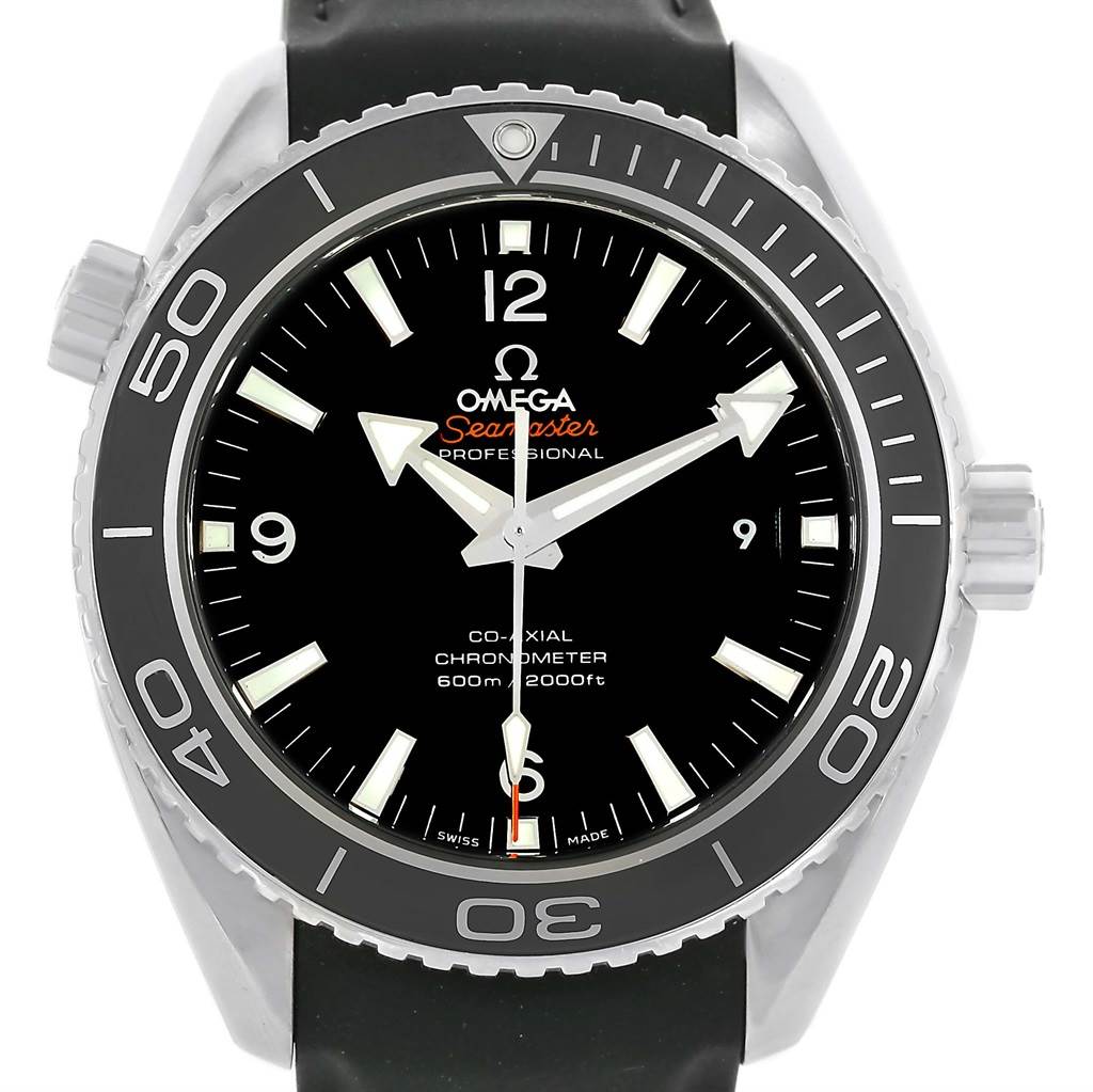 The image shows a front view of the Omega Planet Ocean 232.32.46.21.01.003 Men
s Stainless Steel Black Dial 232.32.46.21.01.003 Men
s Stainless Steel Black Dial watch, highlighting the black dial, bezel, hour markers, and hands.
