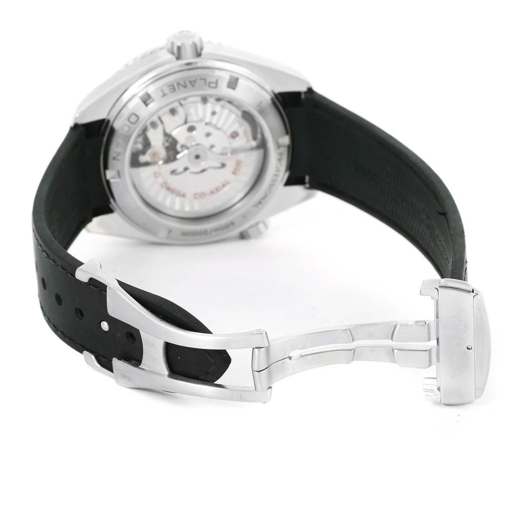 The image shows the back angle of the Omega Planet Ocean 232.32.46.21.01.003 Men
s Stainless Steel Black Dial 232.32.46.21.01.003 Men
s Stainless Steel Black Dial watch, highlighting the watch
s case back and clasp.