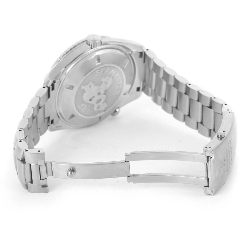 The image shows the Omega Planet Ocean 2208.50.00 Men
s Stainless Steel Black Dial 2208.50.00 Men
s Stainless Steel Black Dial watch from a rear angle, focusing on the back case and stainless steel bracelet.