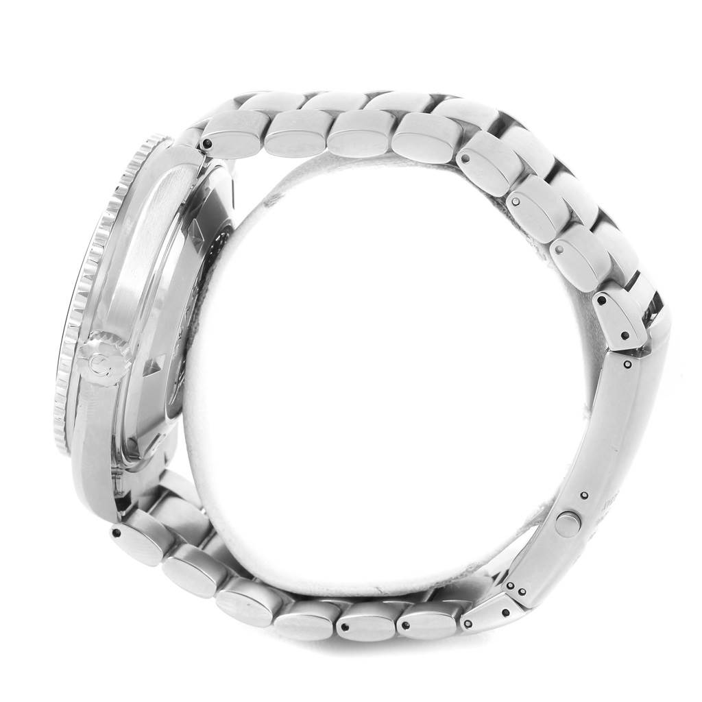 The image shows a side view of the Omega Planet Ocean 2208.50.00 Men
s Stainless Steel Black Dial 2208.50.00 Men
s Stainless Steel Black Dial watch, highlighting its bezel and metal bracelet.