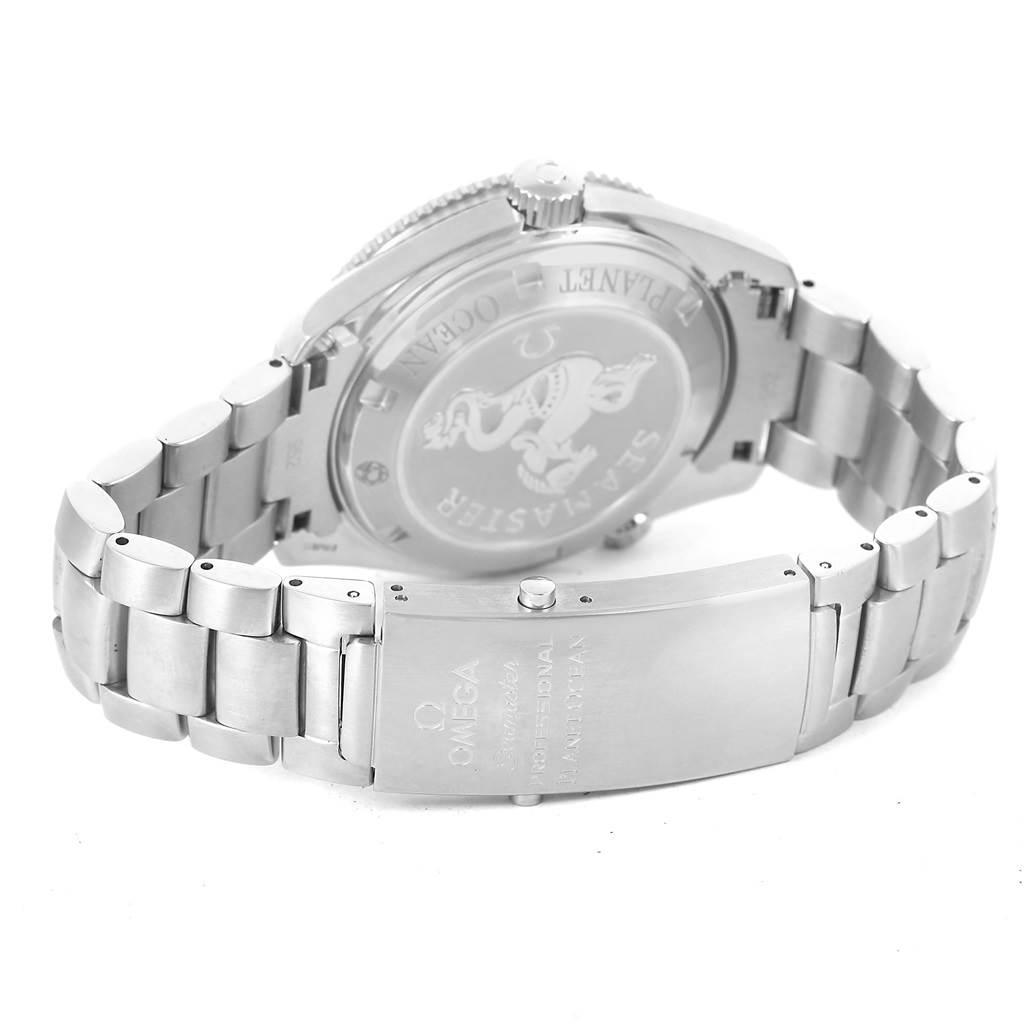 The image shows the back casing and clasp of an Omega Planet Ocean 2209.50.00 Men's Stainless Steel Black Dial 2209.50.00 Men's Stainless Steel Black Dial watch at an angled rear view.