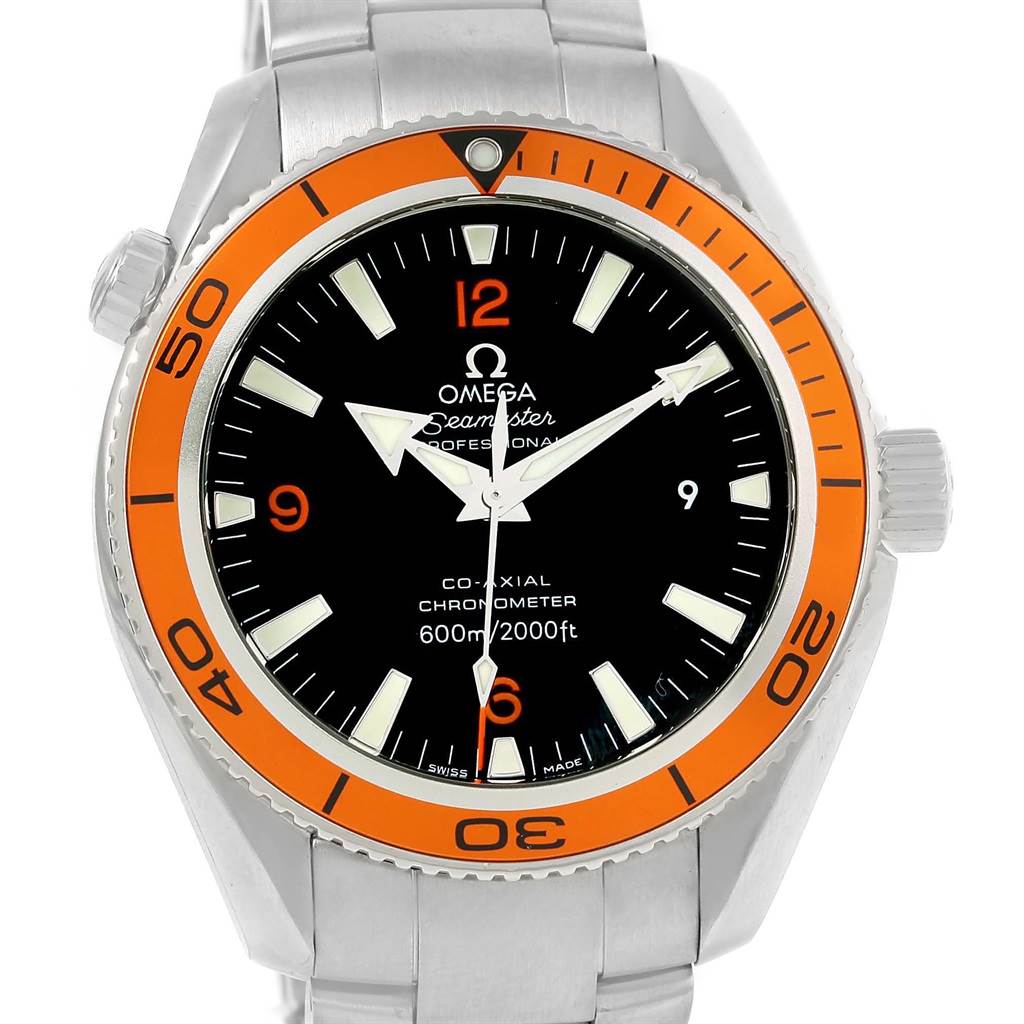 This image shows a front view of the Omega Seamaster Planet Ocean watch with an orange bezel and a black dial.