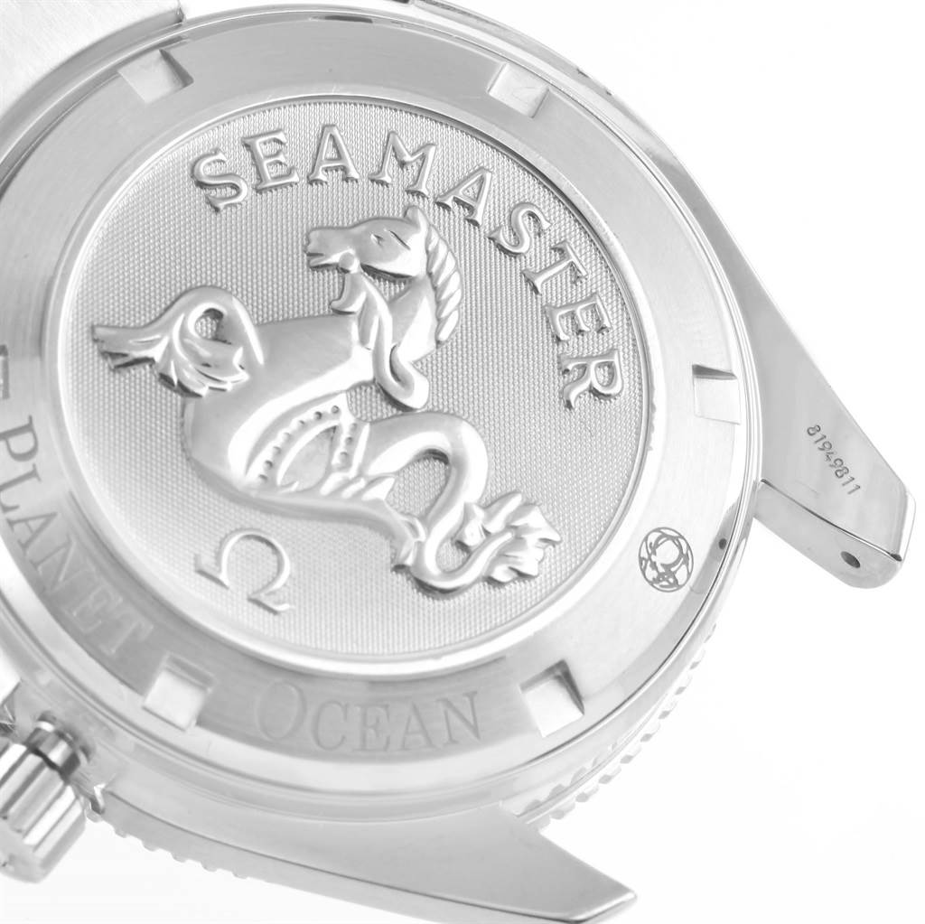 The image shows the back case of the Omega Planet Ocean 2209.50.00 Men's Stainless Steel Black Dial 2209.50.00 Men's Stainless Steel Black Dial Seamaster watch, highlighting the engraved logo and model name.