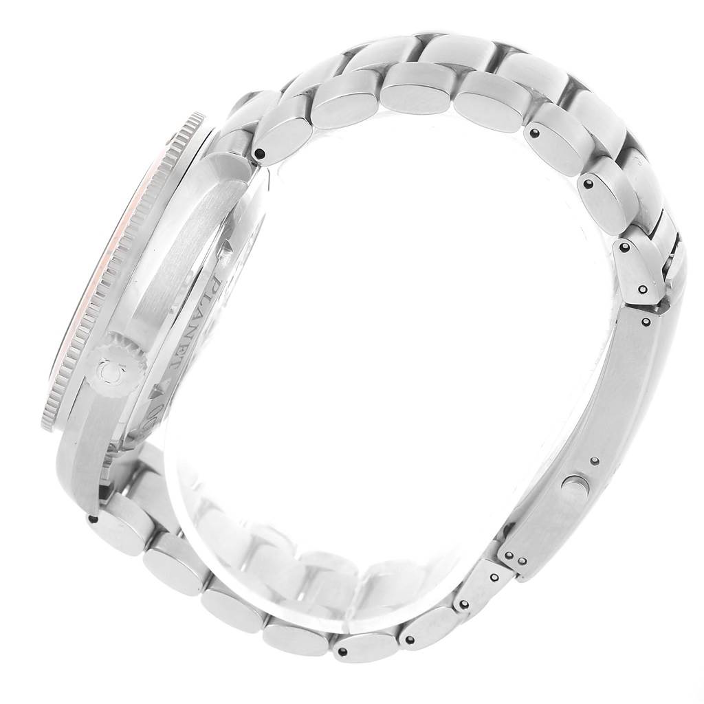 The image shows a side view of the casing and metallic bracelet of an Omega Planet Ocean 2209.50.00 Men's Stainless Steel Black Dial 2209.50.00 Men's Stainless Steel Black Dial watch.