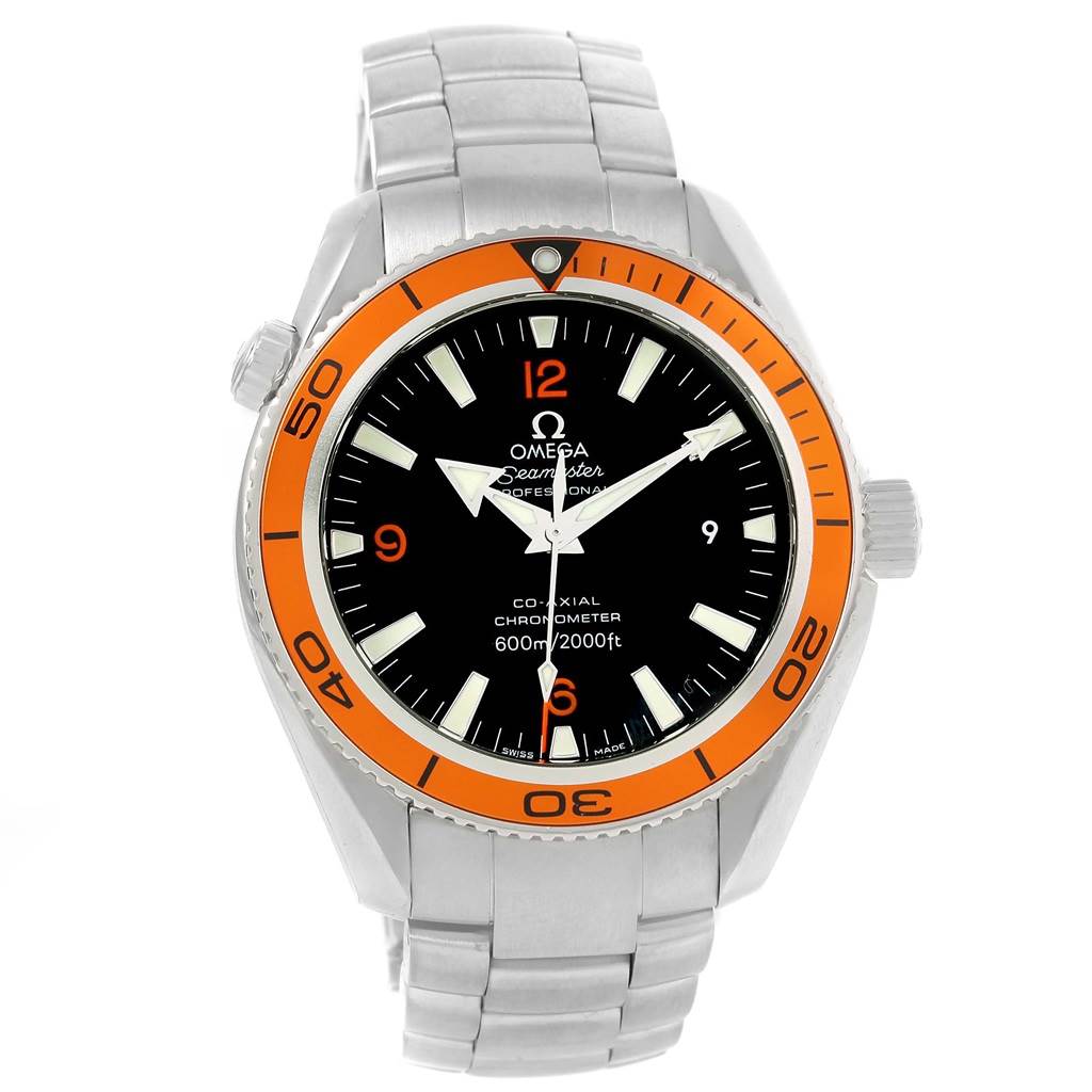 The image shows a frontal view of an Omega Planet Ocean 2209.50.00 Men's Stainless Steel Black Dial 2209.50.00 Men's Stainless Steel Black Dial watch, highlighting its face, bezel, and bracelet.