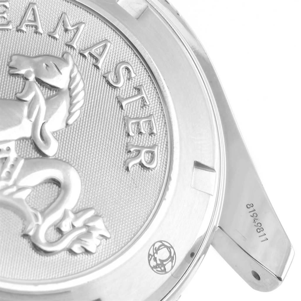 This image shows the case back of an Omega Planet Ocean 2209.50.00 Men's Stainless Steel Black Dial 2209.50.00 Men's Stainless Steel Black Dial watch, featuring the "Seamaster" engraving and the serial number.