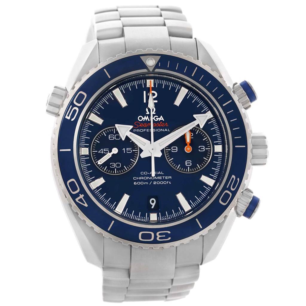 The image shows a front view of an Omega Planet Ocean 232.90.46.51.03.001 Men's Titanium Blue Dial 232.90.46.51.03.001 Men's Titanium Blue Dial watch displaying its dial, bezel, and bracelet.