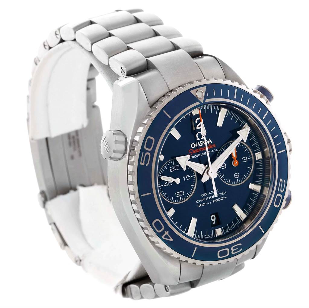 This image shows an angled view of the Omega Planet Ocean 232.90.46.51.03.001 Men's Titanium Blue Dial 232.90.46.51.03.001 Men's Titanium Blue Dial watch, highlighting the bezel, crown, pushers, dial, and metal bracelet.