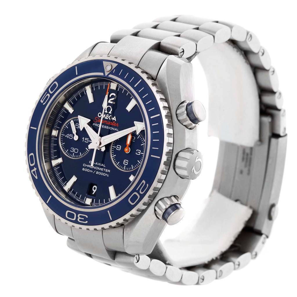 The image shows a side and slightly front angle of an Omega Planet Ocean 232.90.46.51.03.001 Men's Titanium Blue Dial 232.90.46.51.03.001 Men's Titanium Blue Dial watch, displaying the bracelet, crown, and chronograph pushers.