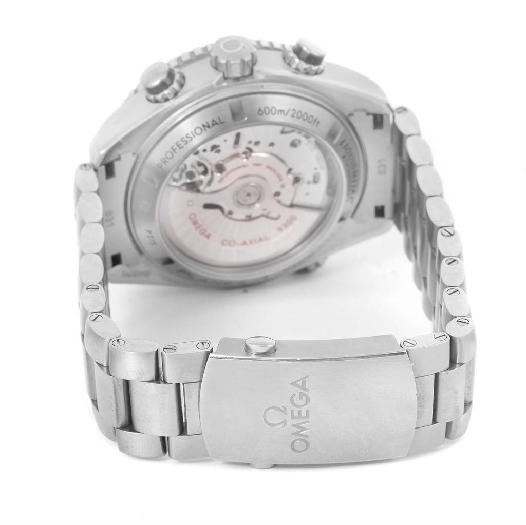 The image shows the back view of the Omega Planet Ocean 232.90.46.51.03.001 Men's Titanium Blue Dial 232.90.46.51.03.001 Men's Titanium Blue Dial watch, featuring the bracelet and the case back with visible movement.