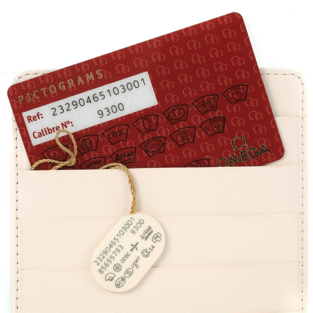 The image shows the certification card and tag of an Omega Planet Ocean 232.90.46.51.03.001 Men's Titanium Blue Dial 232.90.46.51.03.001 Men's Titanium Blue Dial watch inside a leather card holder.