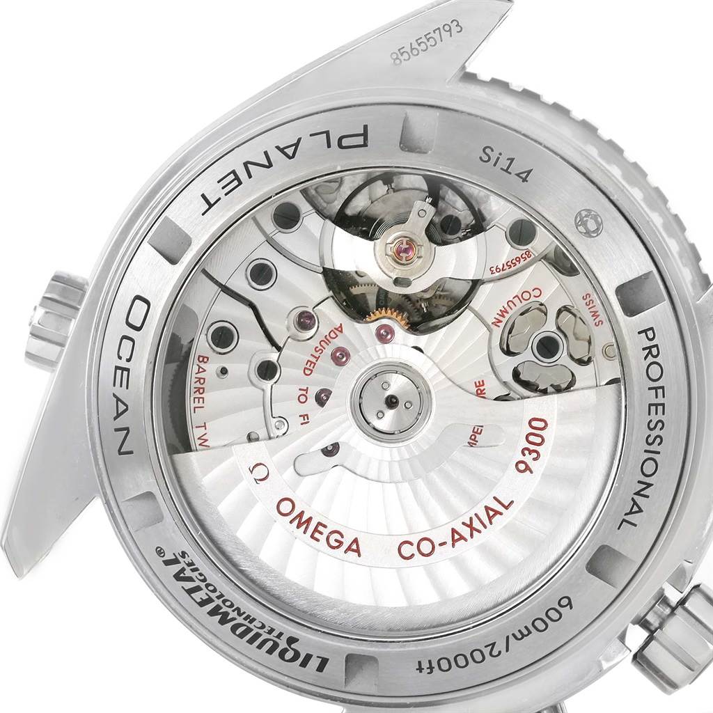 The image shows the back view of the Omega Planet Ocean 232.90.46.51.03.001 Men's Titanium Blue Dial 232.90.46.51.03.001 Men's Titanium Blue Dial watch, revealing its Co-Axial movement and internal components.