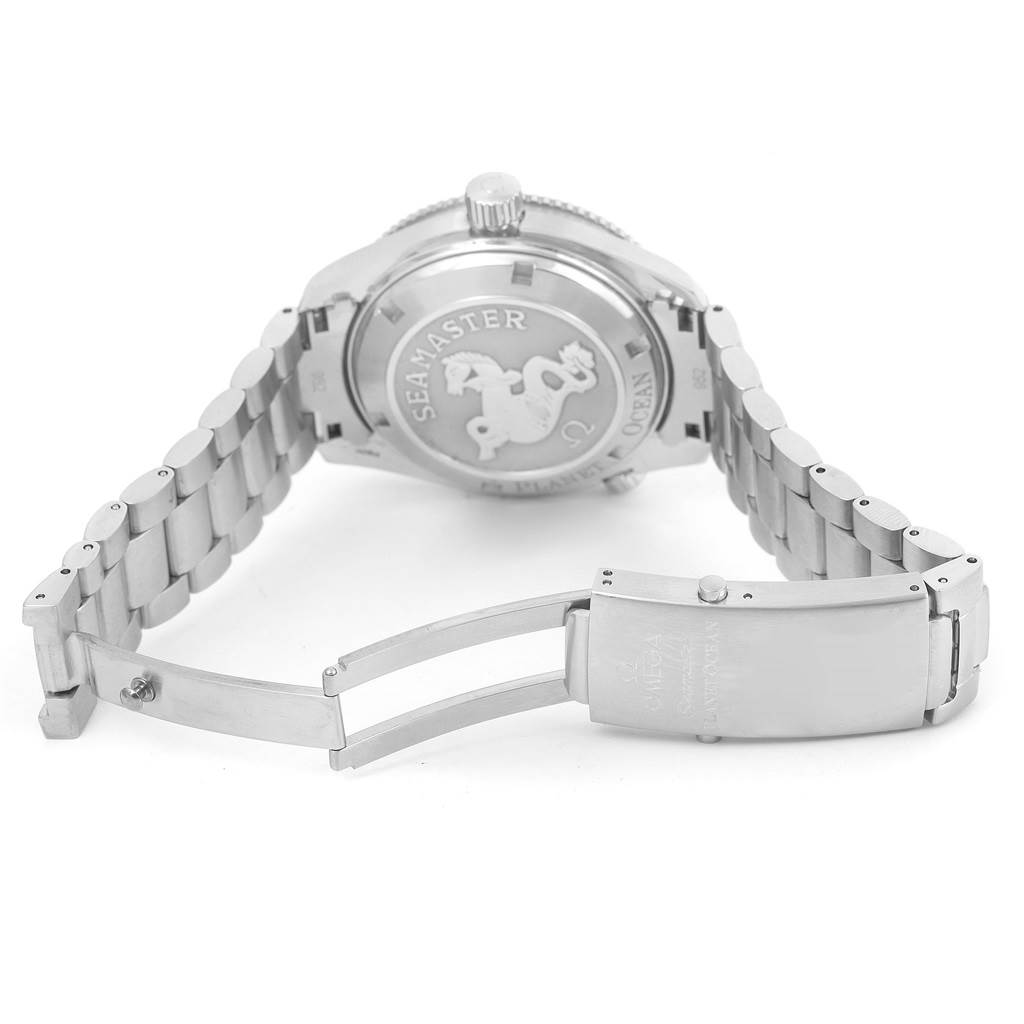 The image shows the back case and partially unfastened bracelet of an Omega Planet Ocean 2208.50.00 Men
s Stainless Steel Black Dial 2208.50.00 Men
s Stainless Steel Black Dial Seamaster watch.