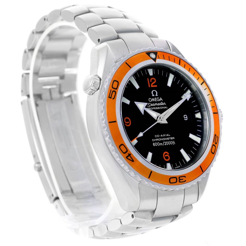The image shows an Omega Planet Ocean 2208.50.00 Men
s Stainless Steel Black Dial 2208.50.00 Men
s Stainless Steel Black Dial watch with a focus on its face, orange bezel, and metal bracelet at an angled side view.