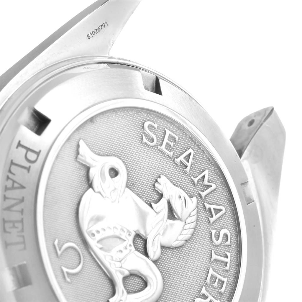 This image shows a close-up of the case back of the Omega Planet Ocean 2208.50.00 Men
s Stainless Steel Black Dial 2208.50.00 Men
s Stainless Steel Black Dial Seamaster watch, highlighting the embossed emblem and model name.