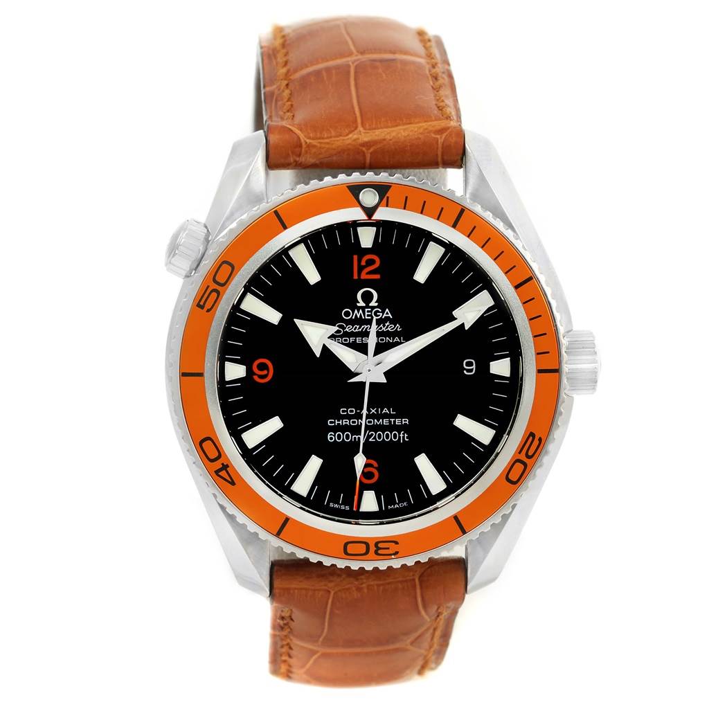 This Omega Planet Ocean 2909.50.38 Men
s Stainless Steel Black Dial 2909.50.38 Men
s Stainless Steel Black Dial watch is shown from a front angle, revealing its face, bezel, and brown leather strap.