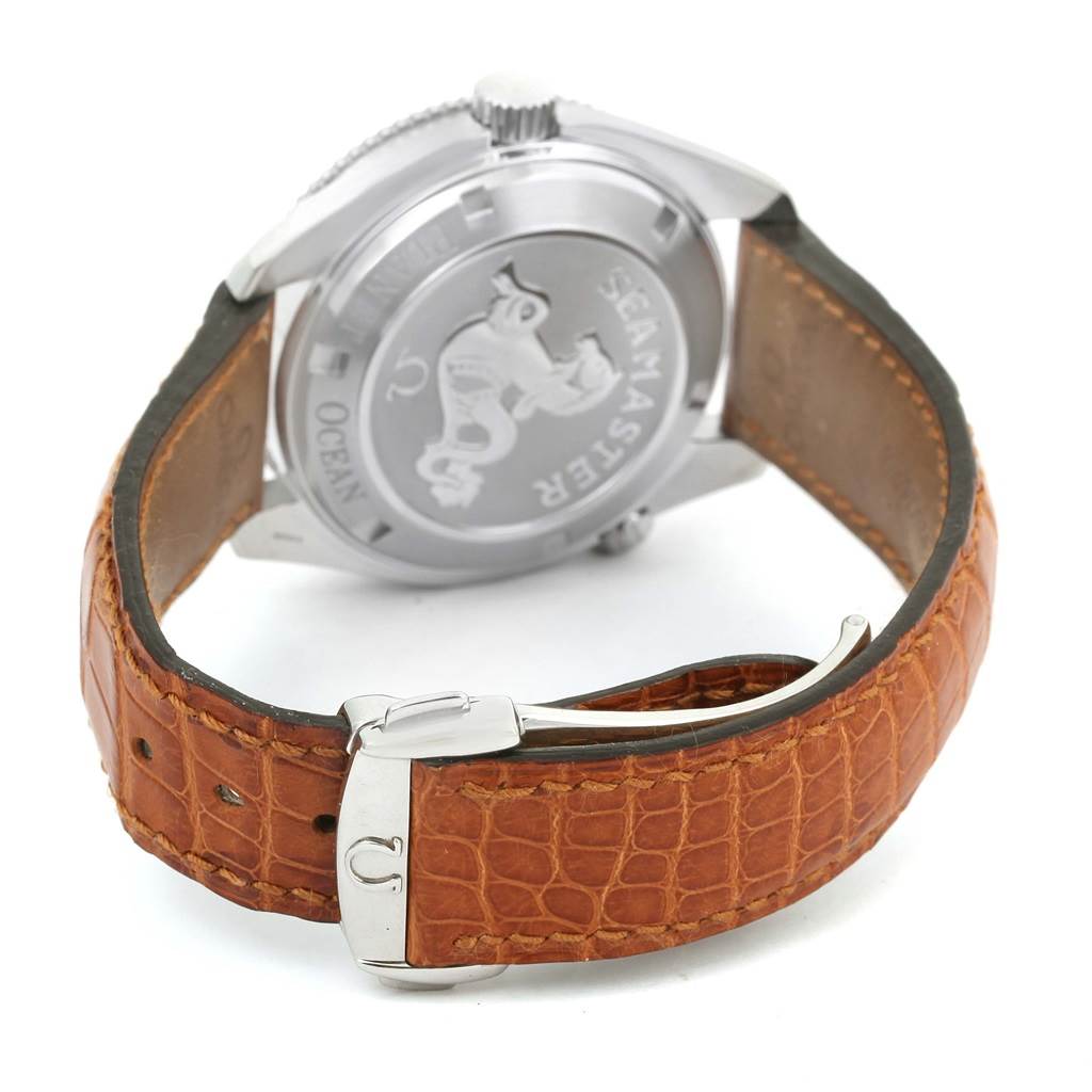 The image shows the back and clasp of an Omega Planet Ocean 2909.50.38 Men
s Stainless Steel Black Dial 2909.50.38 Men
s Stainless Steel Black Dial watch with a brown leather strap.