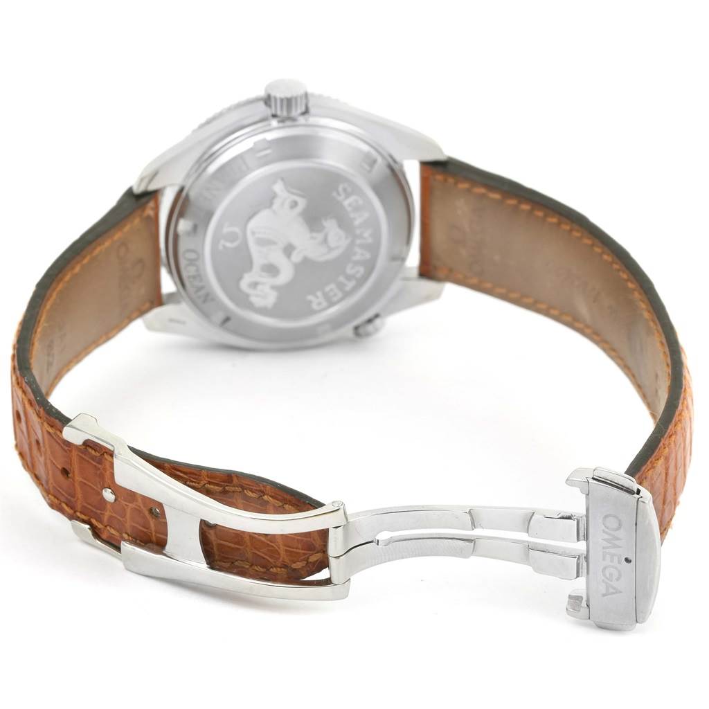 The image shows the back case and clasp of an Omega Planet Ocean 2909.50.38 Men
s Stainless Steel Black Dial 2909.50.38 Men
s Stainless Steel Black Dial watch with a brown leather strap.