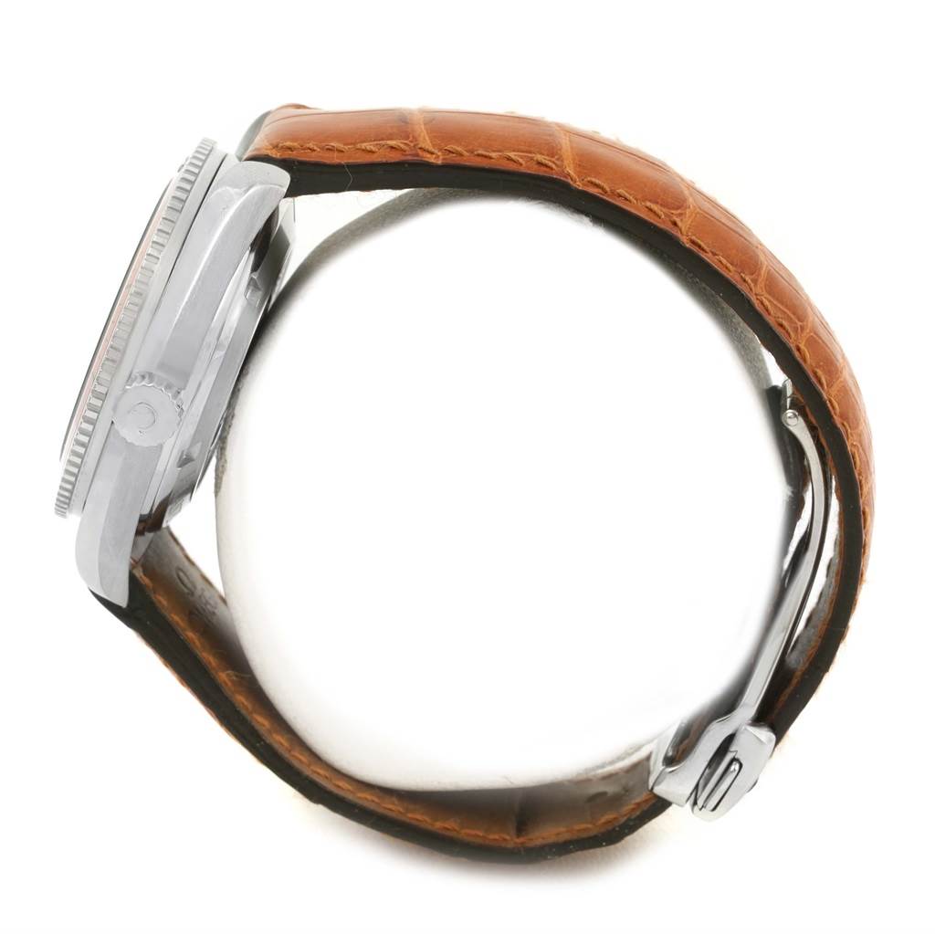 The side view of the Omega Planet Ocean 2909.50.38 Men
s Stainless Steel Black Dial 2909.50.38 Men
s Stainless Steel Black Dial watch shows its case, crown, and brown leather strap with a deployment clasp.