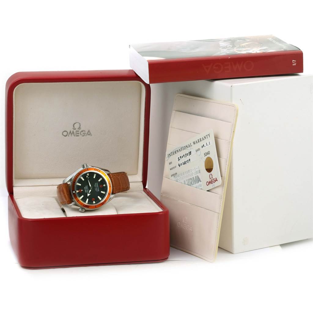 The Omega Planet Ocean 2909.50.38 Men
s Stainless Steel Black Dial 2909.50.38 Men
s Stainless Steel Black Dial watch is shown front view, boxed with warranty card and packaging.