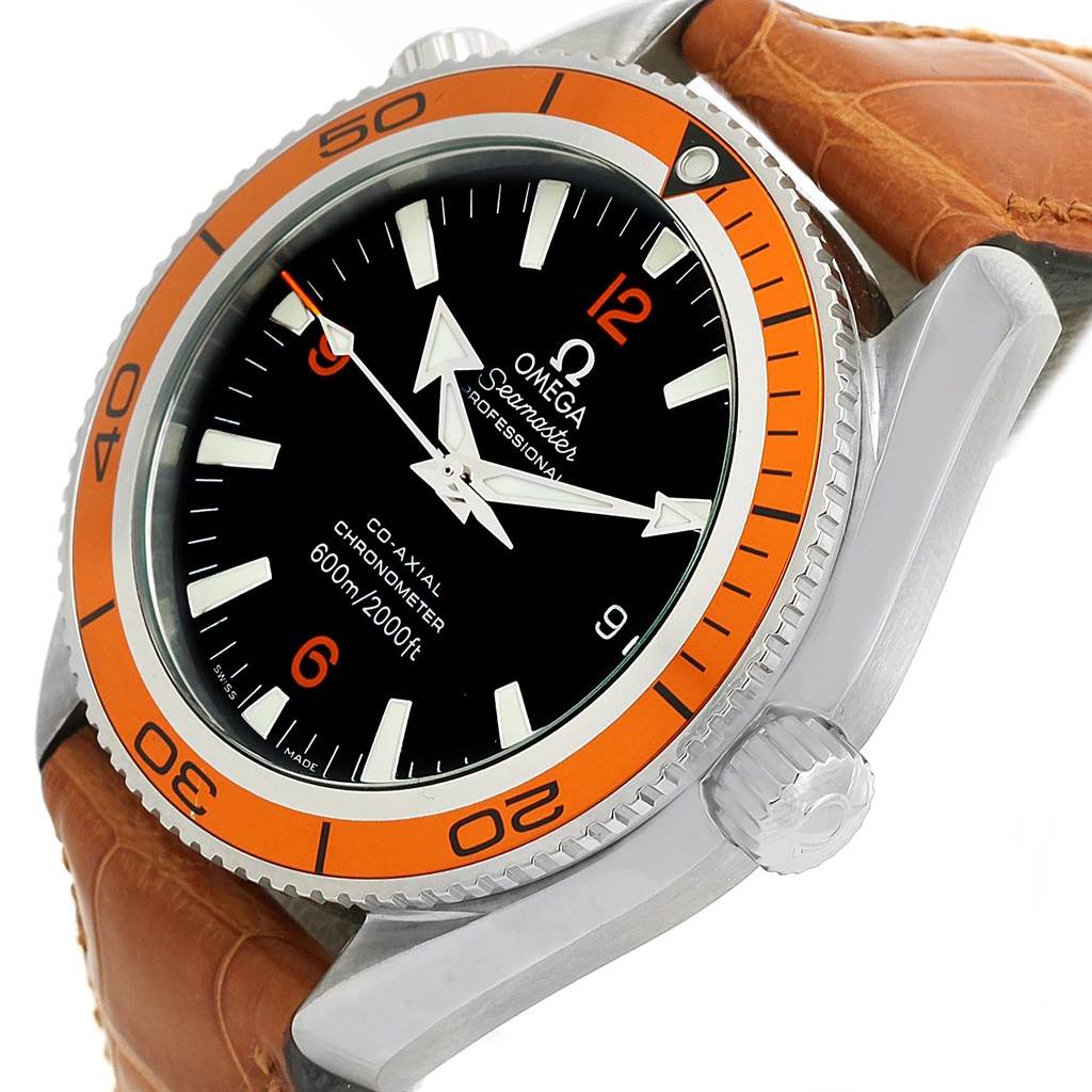 The image shows an Omega Planet Ocean 2909.50.38 Men
s Stainless Steel Black Dial 2909.50.38 Men
s Stainless Steel Black Dial watch from a 3/4 angle, highlighting its bezel, dial, crown, and leather strap.