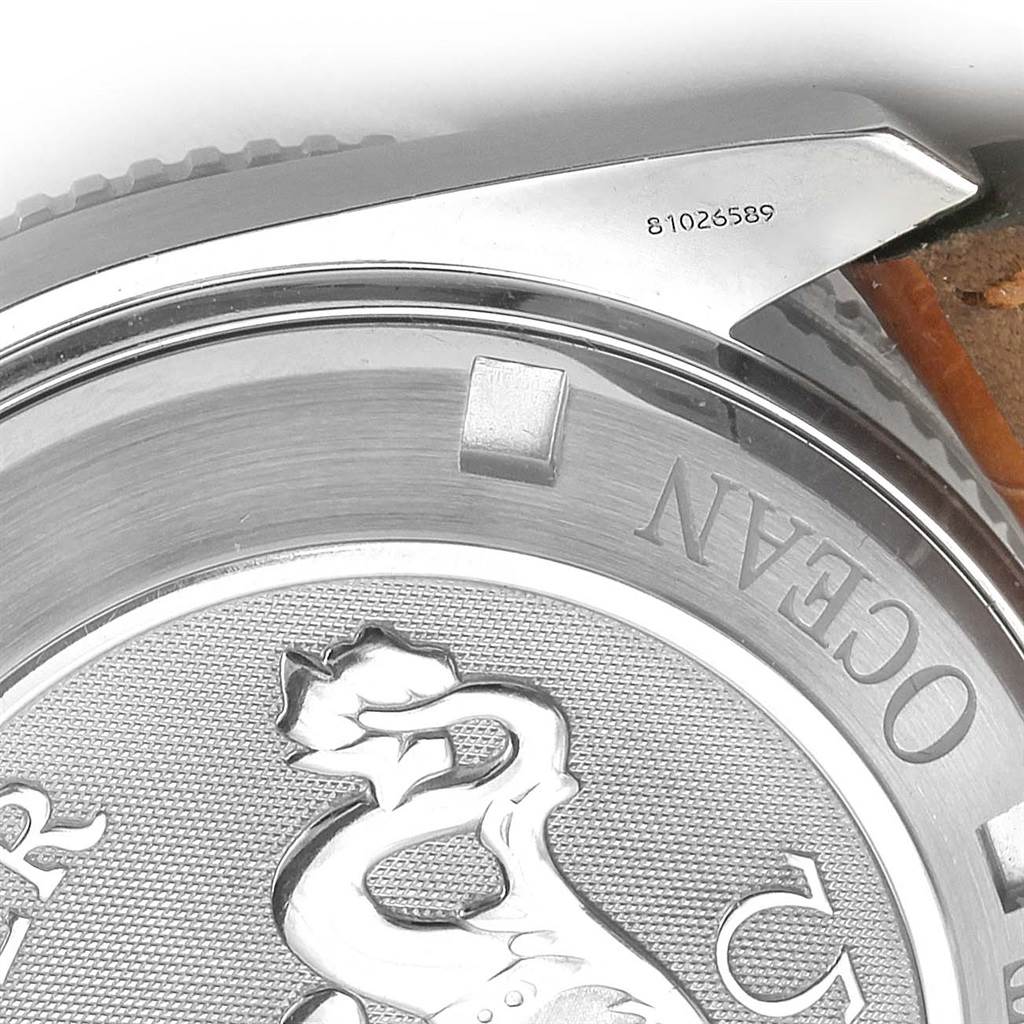 This image shows a close-up of the case back and part of the bezel of the Omega Planet Ocean 2909.50.38 Men
s Stainless Steel Black Dial 2909.50.38 Men
s Stainless Steel Black Dial watch.