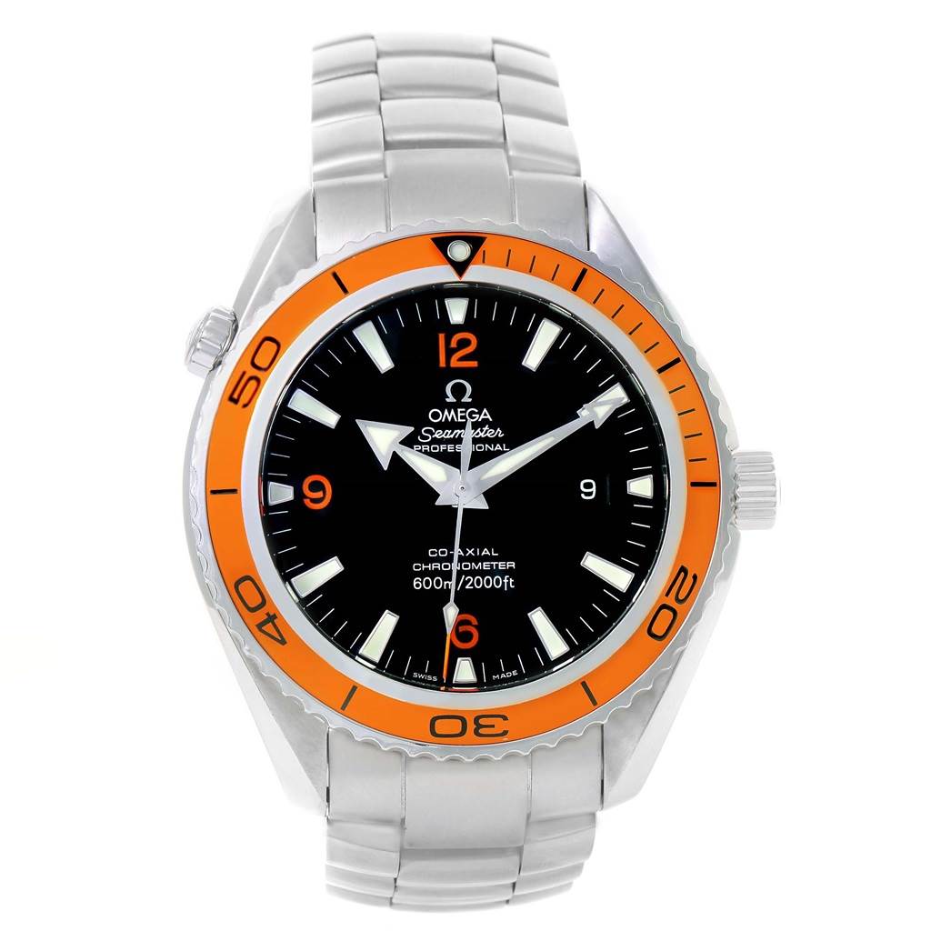 The image shows a front view of the Omega Planet Ocean 2209.50.00 Men
s Stainless Steel Black Dial 2209.50.00 Men
s Stainless Steel Black Dial watch, featuring its face, bezel, and metal bracelet.