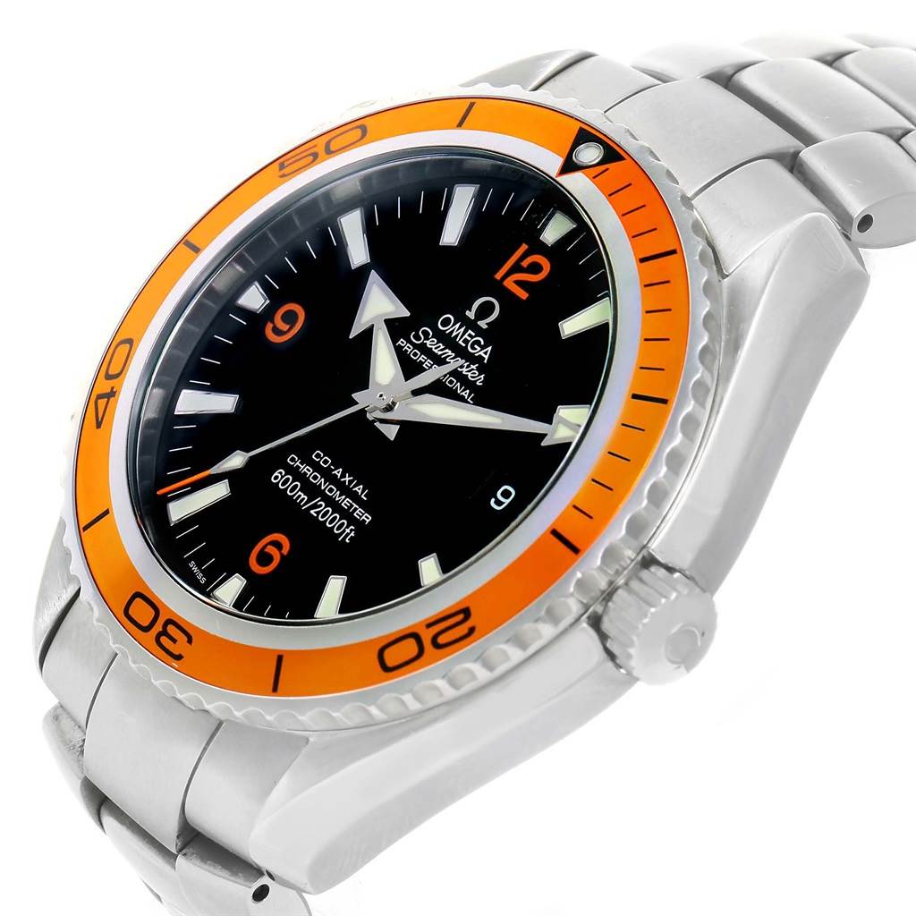 The Omega Planet Ocean 2209.50.00 Men
s Stainless Steel Black Dial 2209.50.00 Men
s Stainless Steel Black Dial watch is shown from an angled side view, highlighting the bezel, dial, and stainless steel bracelet.