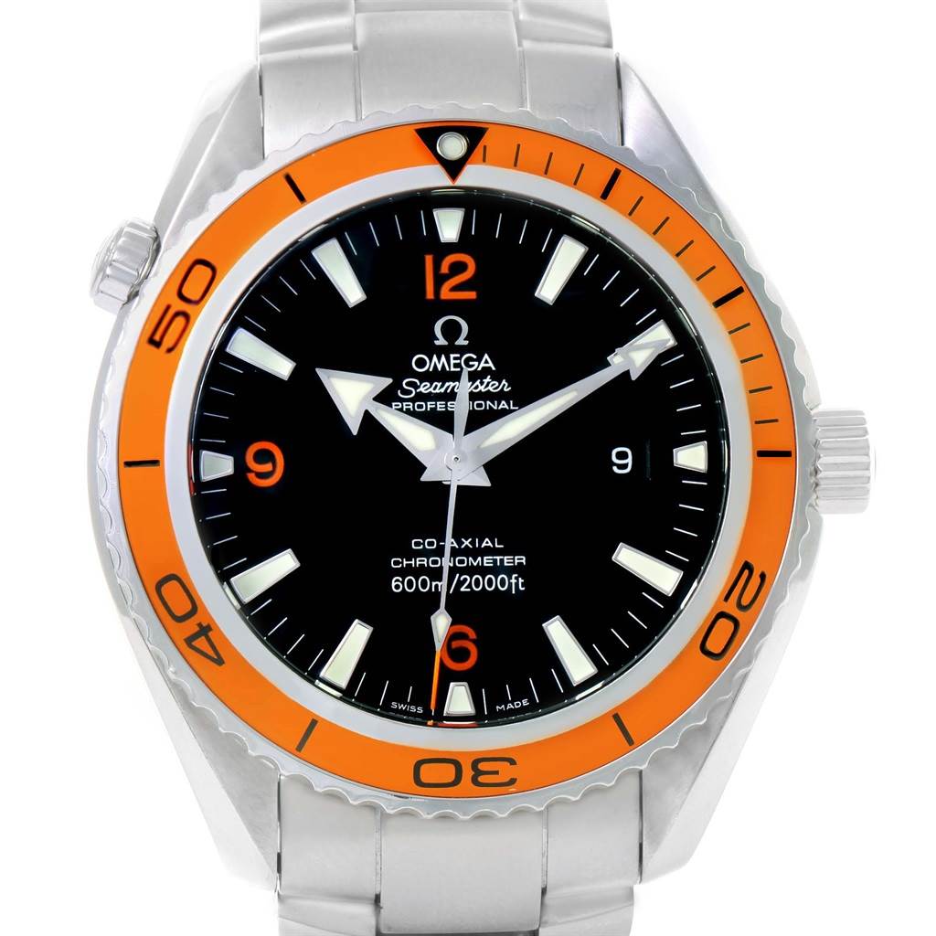 The image shows a front view of the Omega Planet Ocean 2209.50.00 Men
s Stainless Steel Black Dial 2209.50.00 Men
s Stainless Steel Black Dial Seamaster Professional watch, showcasing its bezel, dial, and bracelet.