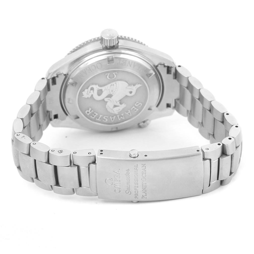 The image shows the back view of an Omega Planet Ocean 2209.50.00 Men
s Stainless Steel Black Dial 2209.50.00 Men
s Stainless Steel Black Dial watch, featuring the case back, bracelet, and clasp.