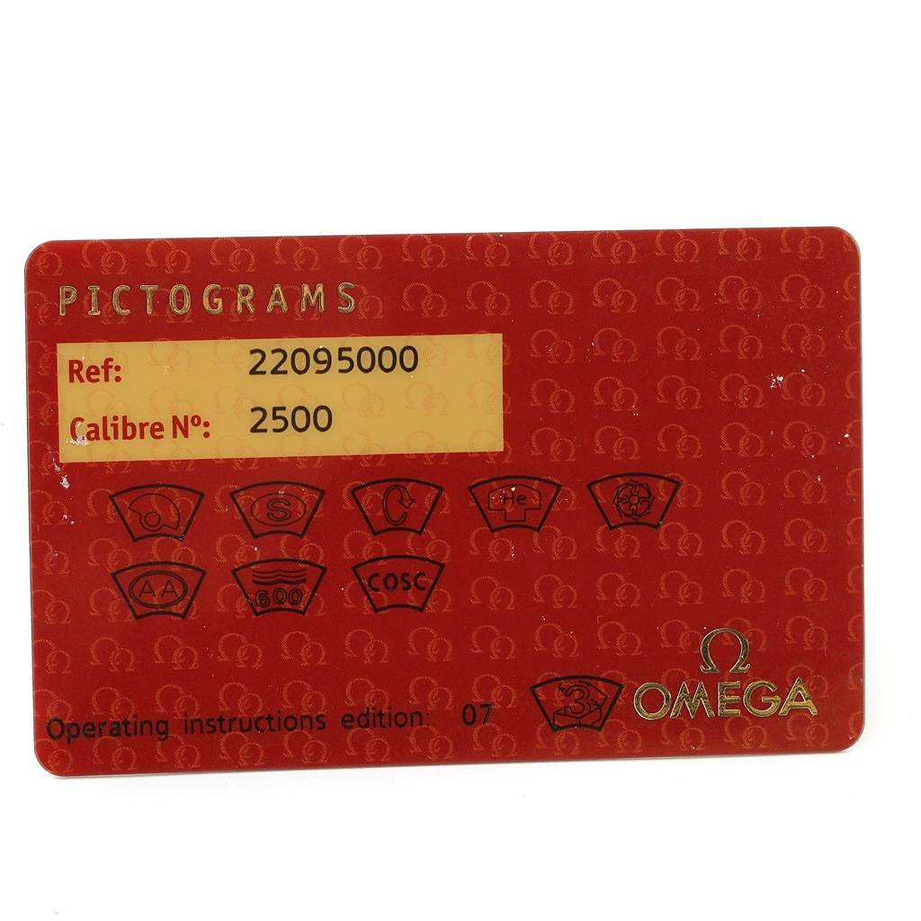 This image shows the Omega warranty and information card for the Planet Ocean model, including reference and calibre numbers.