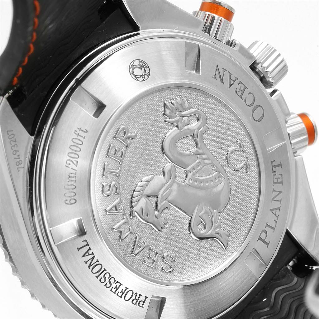 The image shows the case back of the Omega Planet Ocean 2918.50.82 Men
s Stainless Steel Black Dial 2918.50.82 Men
s Stainless Steel Black Dial watch, displaying the Seamaster branding and water resistance details.