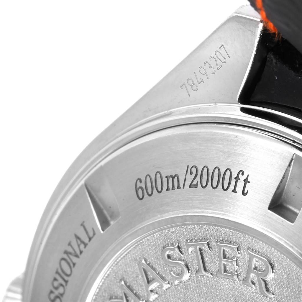 The image shows the back of the Omega Planet Ocean 2918.50.82 Men
s Stainless Steel Black Dial 2918.50.82 Men
s Stainless Steel Black Dial watch, highlighting its water resistance rating (600m/2000ft) and part of its serial number.