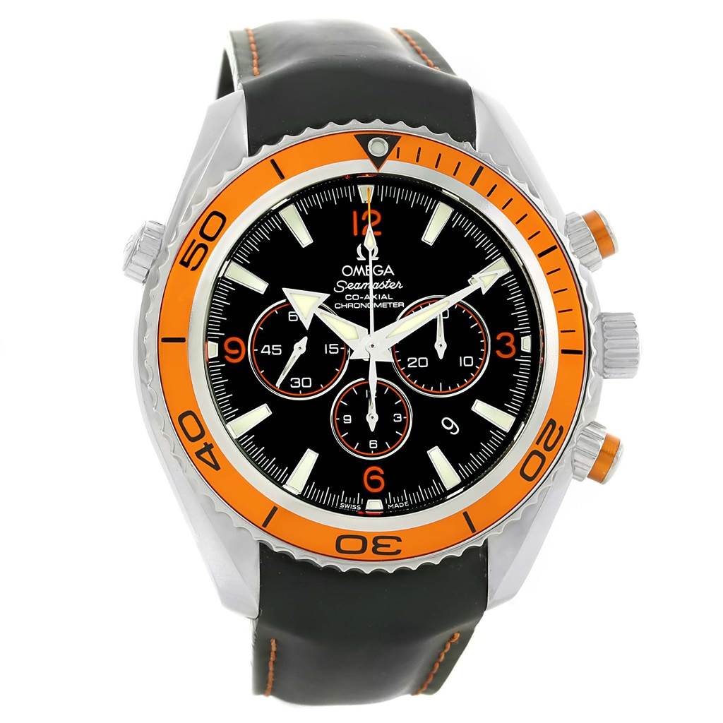 The image shows a front view of the Omega Planet Ocean 2918.50.82 Men
s Stainless Steel Black Dial 2918.50.82 Men
s Stainless Steel Black Dial watch, highlighting its black and orange bezel and chronograph sub-dials.