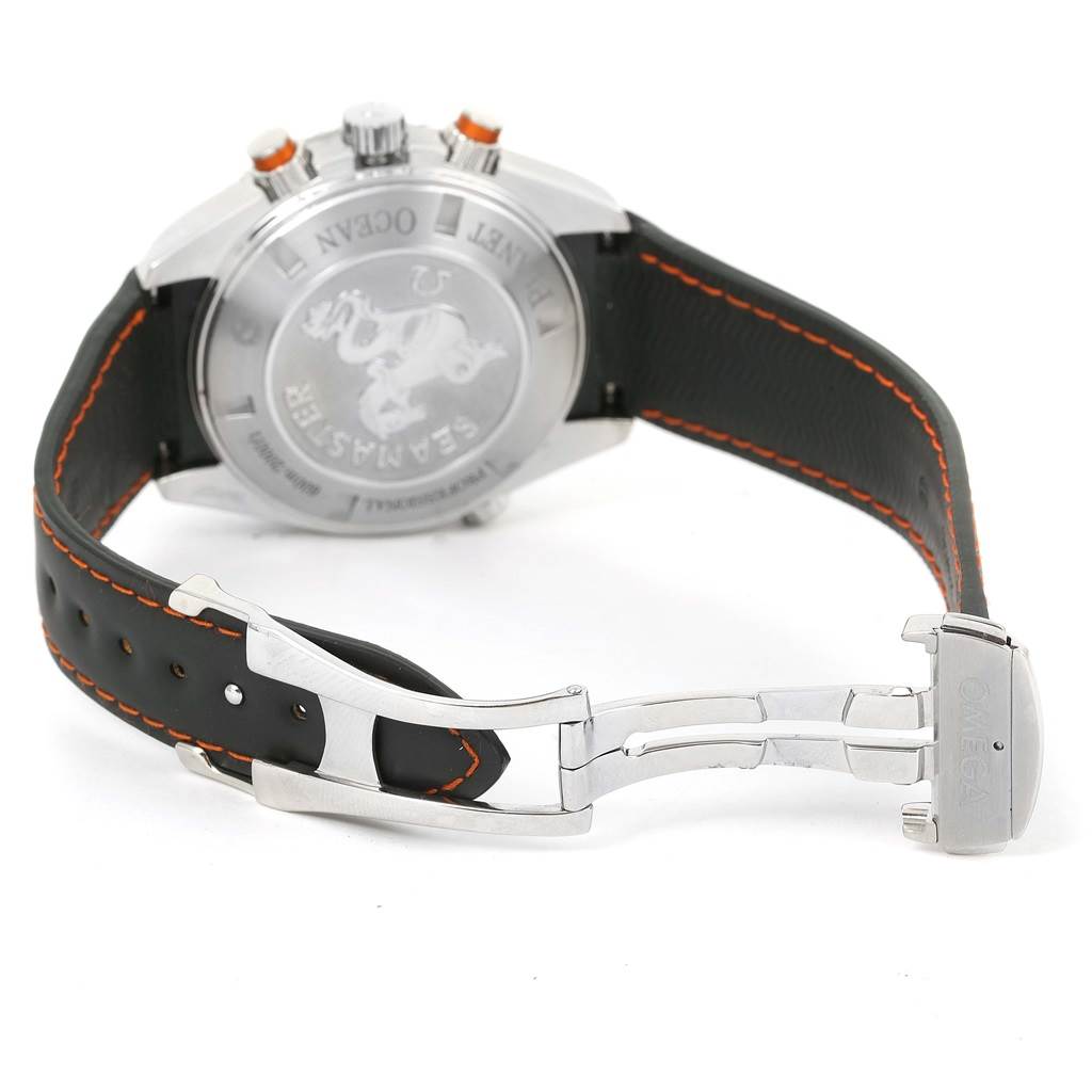 The image shows the back case and clasp of the Omega Planet Ocean 2918.50.82 Men
s Stainless Steel Black Dial 2918.50.82 Men
s Stainless Steel Black Dial watch, featuring the Seamaster logo and an open black strap.