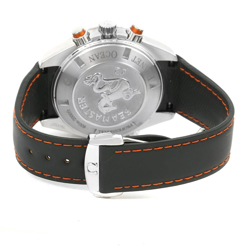 The Omega Planet Ocean 2918.50.82 Men
s Stainless Steel Black Dial 2918.50.82 Men
s Stainless Steel Black Dial watch is shown from the back, displaying its case back, strap, and buckle.