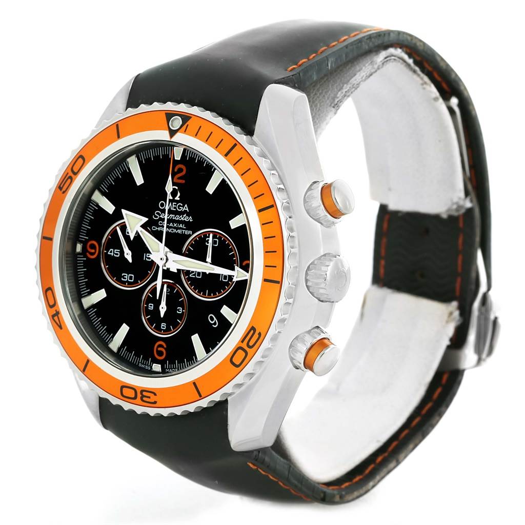 The Omega Planet Ocean 2918.50.82 Men
s Stainless Steel Black Dial 2918.50.82 Men
s Stainless Steel Black Dial watch is shown from an angled view, highlighting the face, bezel, crown, and strap.