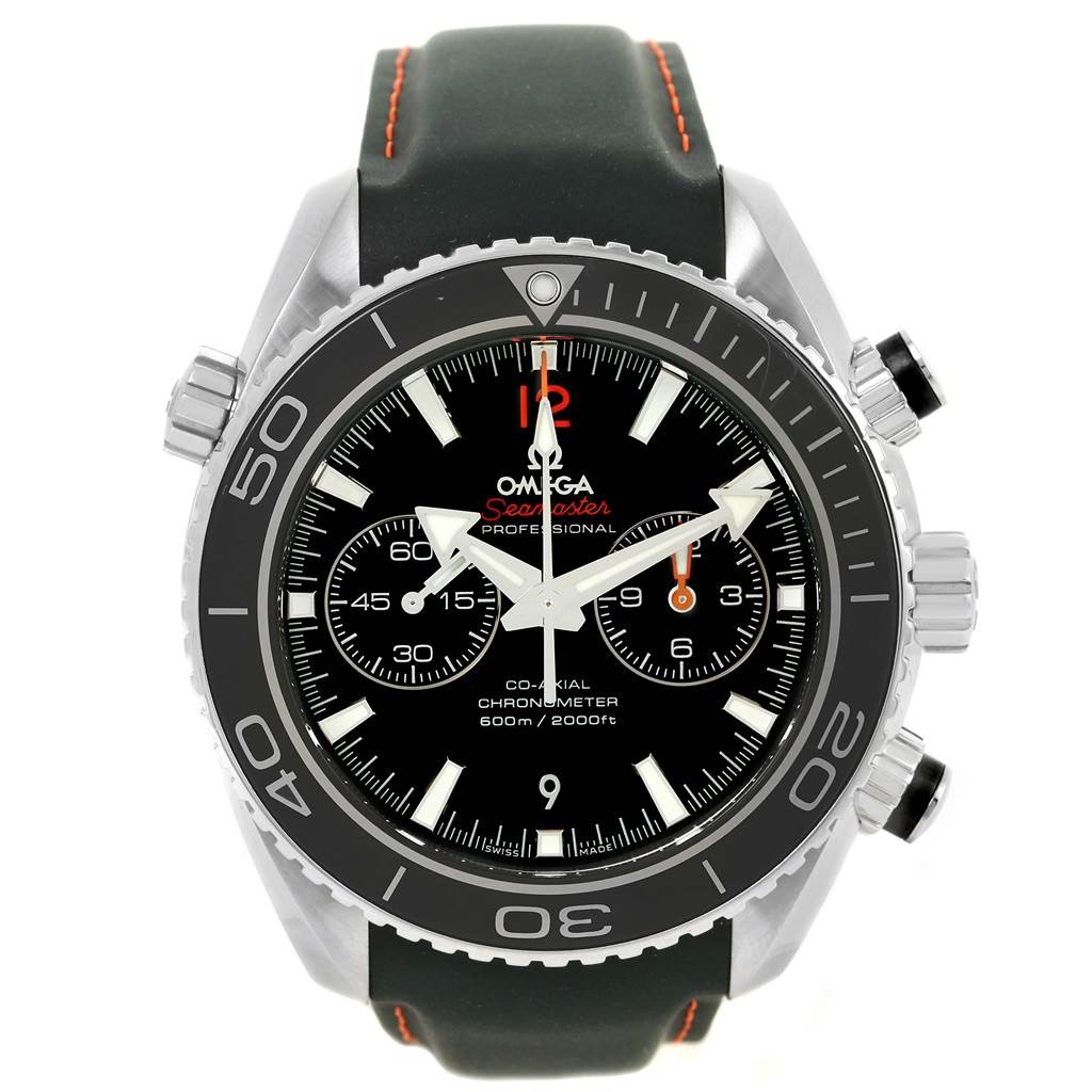The image shows a front view of the Omega Planet Ocean 232.32.46.51.01.005 Men
s Stainless Steel Black Dial 232.32.46.51.01.005 Men
s Stainless Steel Black Dial watch, featuring the dial, bezel, and strap.