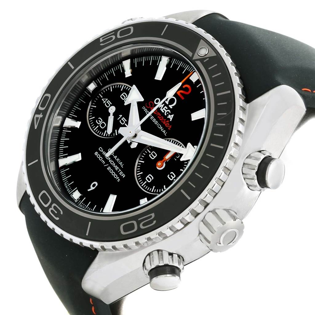 This image shows a close-up angled view of the Omega Planet Ocean 232.32.46.51.01.005 Men
s Stainless Steel Black Dial 232.32.46.51.01.005 Men
s Stainless Steel Black Dial watch, highlighting its bezel, dial, and crown.