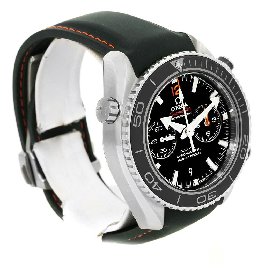 This image shows an angled side view of the Omega Planet Ocean 232.32.46.51.01.005 Men
s Stainless Steel Black Dial 232.32.46.51.01.005 Men
s Stainless Steel Black Dial watch, highlighting the bezel, face, crown, and strap.