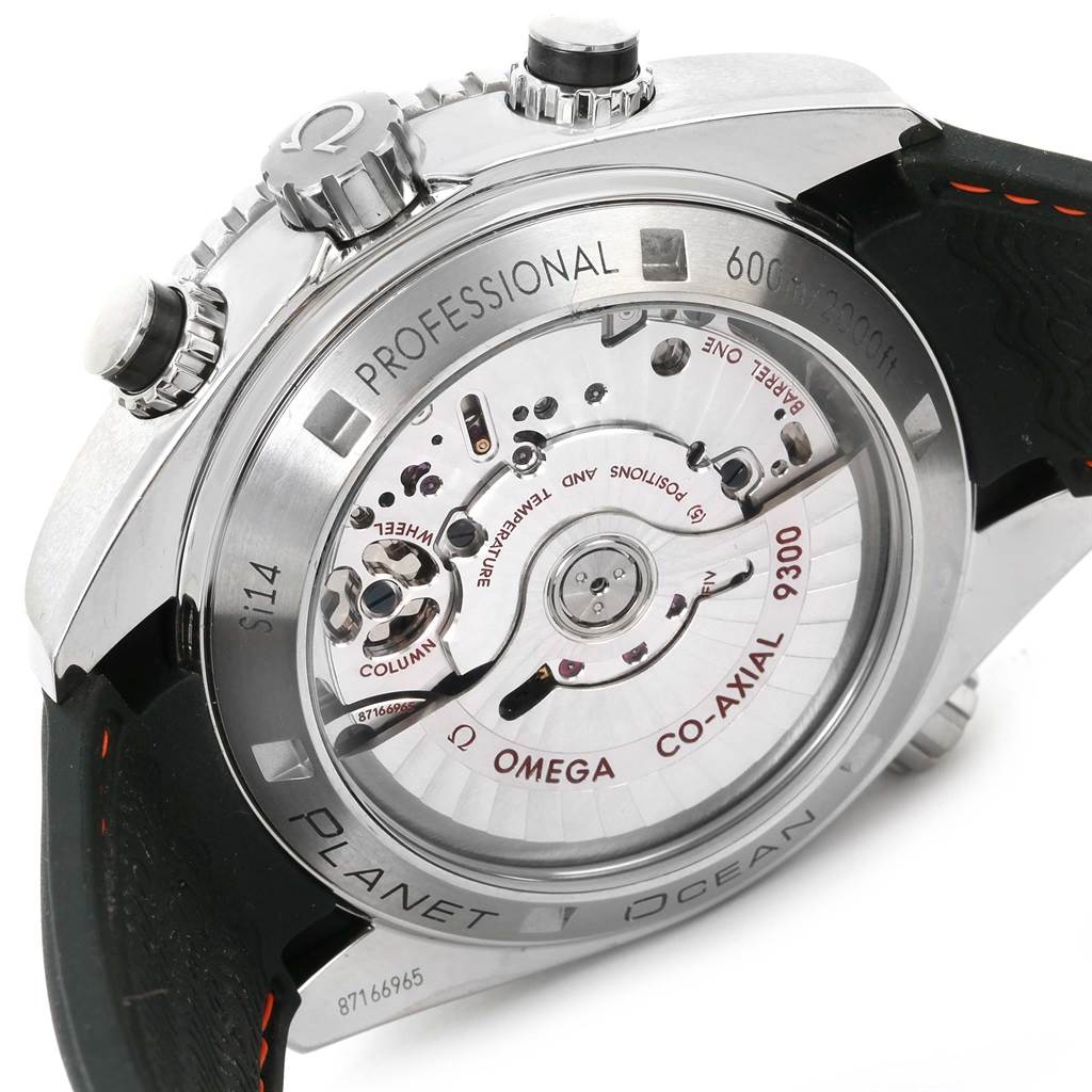 The image shows the back case and visible mechanism of the Omega Planet Ocean 232.32.46.51.01.005 Men
s Stainless Steel Black Dial 232.32.46.51.01.005 Men
s Stainless Steel Black Dial watch, highlighting its co-axial movement.