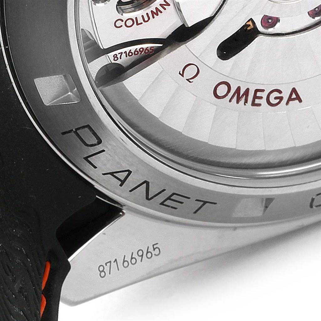 The close-up image shows the case back of the Omega Planet Ocean 232.32.46.51.01.005 Men
s Stainless Steel Black Dial 232.32.46.51.01.005 Men
s Stainless Steel Black Dial watch, highlighting the branding and part of the movement inside.