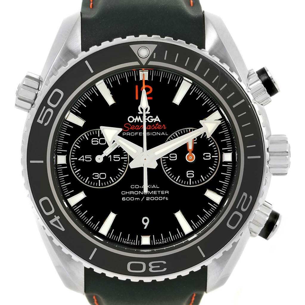 The image shows a front view of the Omega Planet Ocean 232.32.46.51.01.005 Men
s Stainless Steel Black Dial 232.32.46.51.01.005 Men
s Stainless Steel Black Dial watch, highlighting its black dial, bezel, and chronograph subdials.